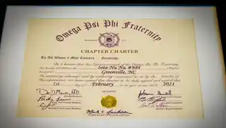 Official Iota Nu Nu Chapter charter dated February 1, 2021